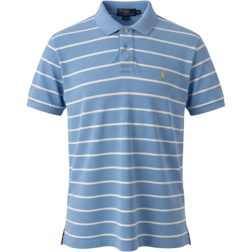 Polo Ralph Lauren Mens Large Blue White Striped Cotton Pique Short Sleeve Polo